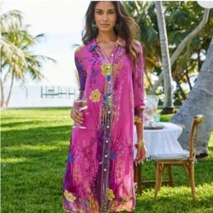 Soft Surroundings Lake Garda Shirt Dress Size PM Button Down Pink Floral Sequins
